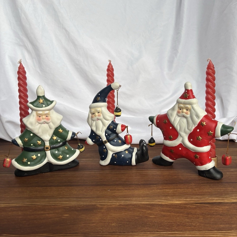 Ceramic Christmas Santa Claus Candle Holder Celestial Theme Figurines Lot Of 3
